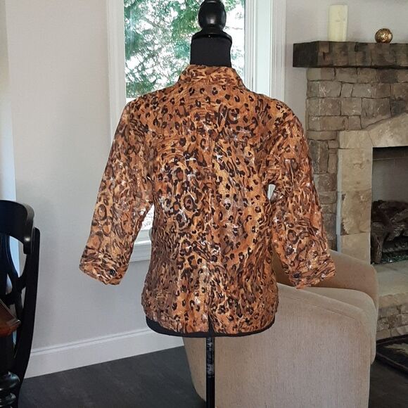 Choices Petite Leopard Print Sheer Button Down Shirt - Picture 3 of 10